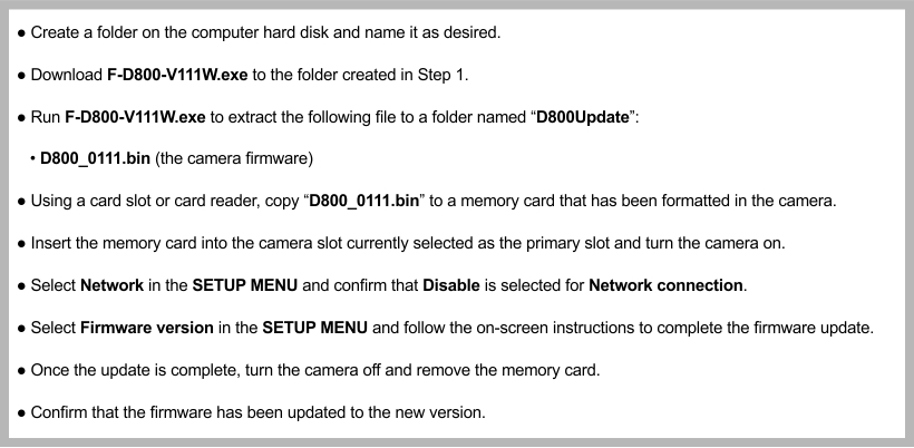 Nikon D800 Firmware Update Install